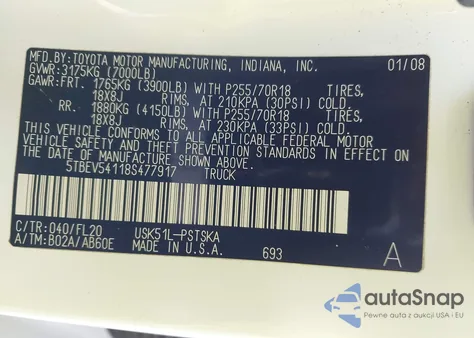 2008 Toyota Tundra Sr5 5.7L V8 z USA, uszkodzony, nr VIN 5TBEV54118S477917